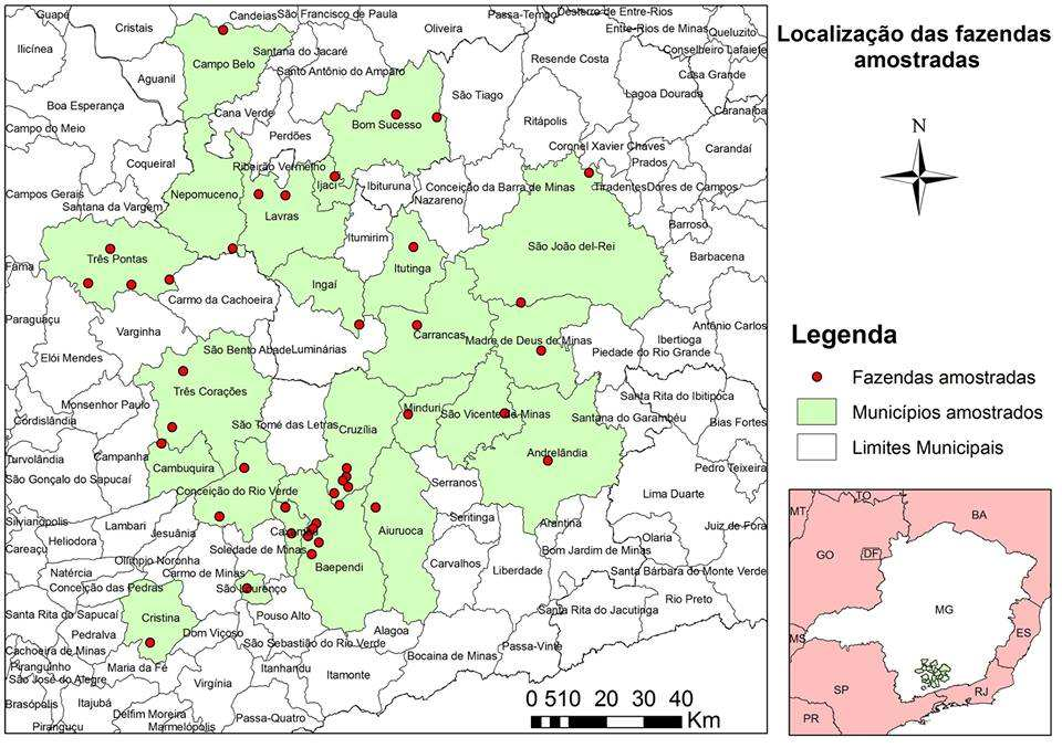 34 Figura 2 Localização geográfica das propriedades estudadas no sul de Minas Gerais Cerca de 20 equinos foram selecionados aleatoriamente por propriedade para calcular a resistência e, no mínimo 10