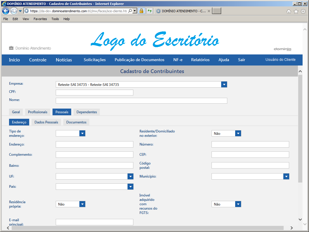 Conta, informe o número da conta do empregado. Tipo da conta, selecione o tipo da conta: Não informada, Conta corrente, Conta salário ou Conta poupança. 2.