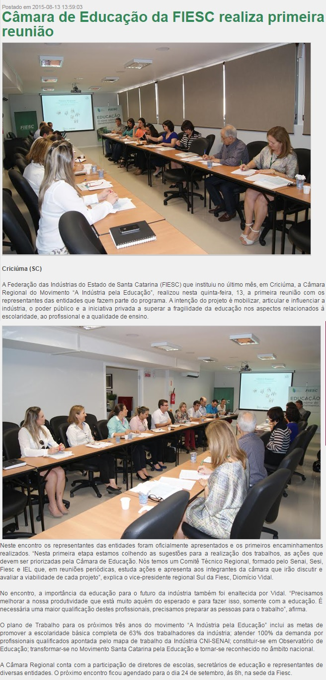 Título: Câmara de Educação da FIESC realiza primeira reunião - Data: