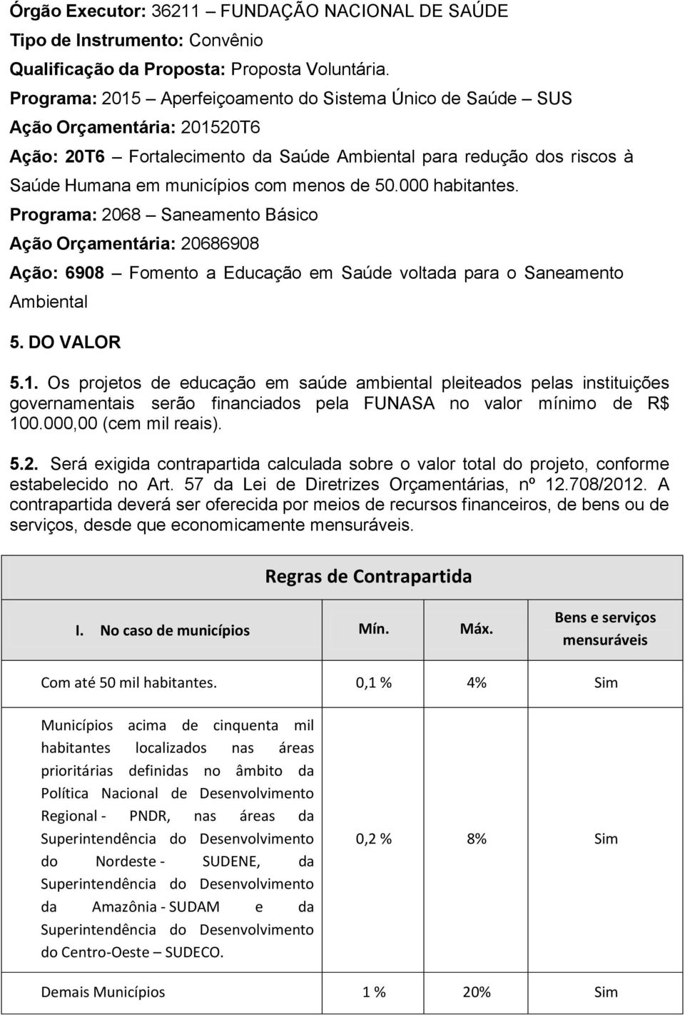 50.000 habitantes. Programa: 2068 Saneamento Básico Ação Orçamentária: 20686908 Ação: 6908 Fomento a Educação em Saúde voltada para o Saneamento Ambiental 5. DO VALOR 5.1.