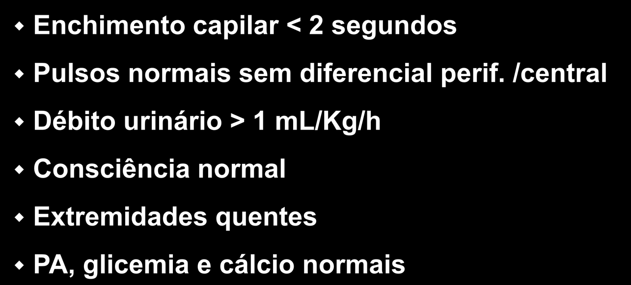 Tratamento da Sepse/Choque ABCs: Primeira hora de ressuscitação METAS TERAPÊUTICAS ( Nível III) Enchimento capilar < 2 segundos Pulsos