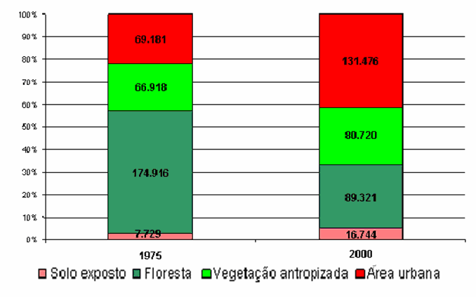 No período de 25 anos (1975 a 2000) houve uma diminuição de 49% das áreas de cobertura florestal nativa, ou seja de cerca de 170 km 2 para 89 km 2, enquanto a vegetação antropizada, o conhecido