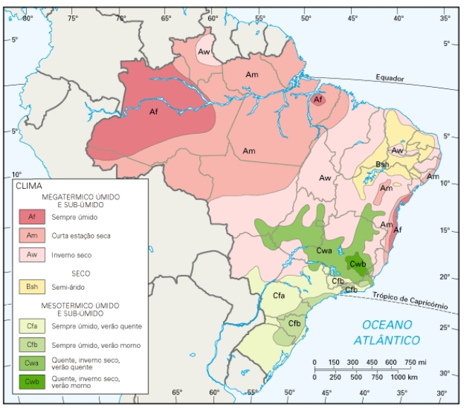 Utilizando classificação de Koppen para realizar a classificação climática do Brasil temos: Af Am Aw BSh Cfa Cfb Cwa Cwb Clima tropical chuvoso de florestal Clima tropical de monção Clima de