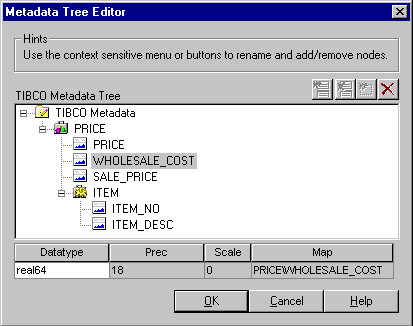 TÓPICOS RELACIONADOS: TIB/Repositório na página 3 Árvore de metadados TIBCO É possível visualizar a estrutura hierárquica de metadados de origem e de destino em uma árvore de metadados TIBCO.