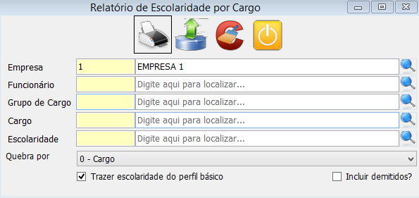 3.2.4 Escolaridade por Cargo Neste relatório é possível ter a visualização dos funcionários e suas respectivas escolaridades, podendo filtrar por funcionário, grupo de cargo, cargo e/ou escolaridade,