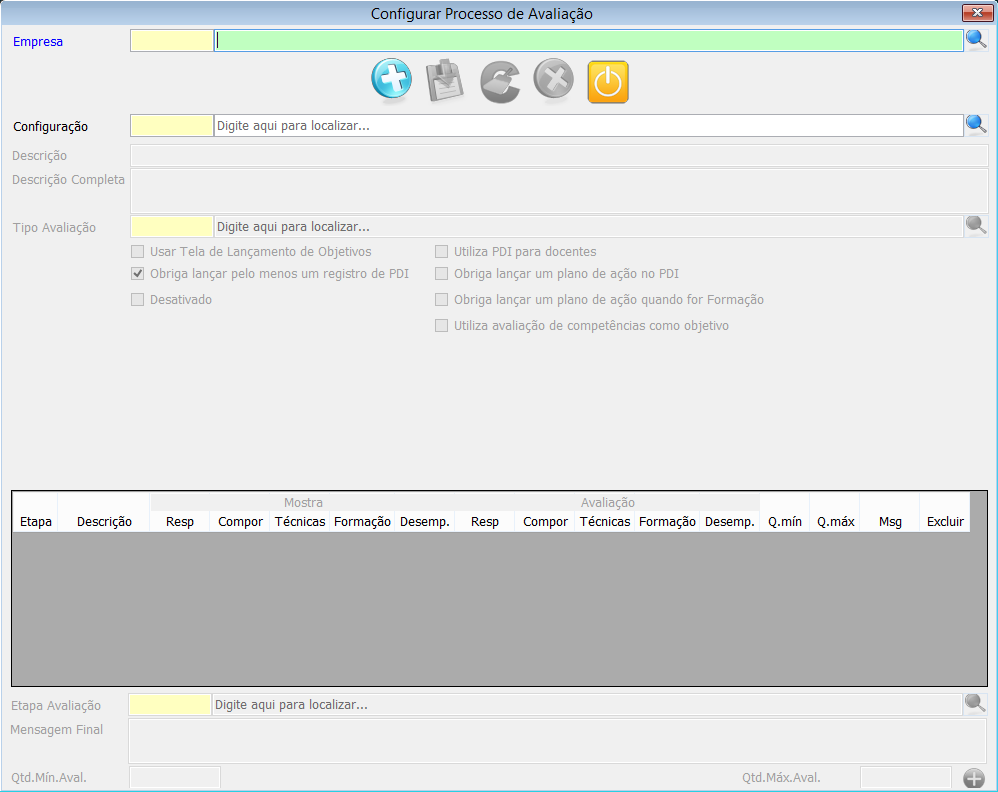 1.10.6 Configurar Processo de Avaliação Nessa tela serão configurados os processos para a avaliação.