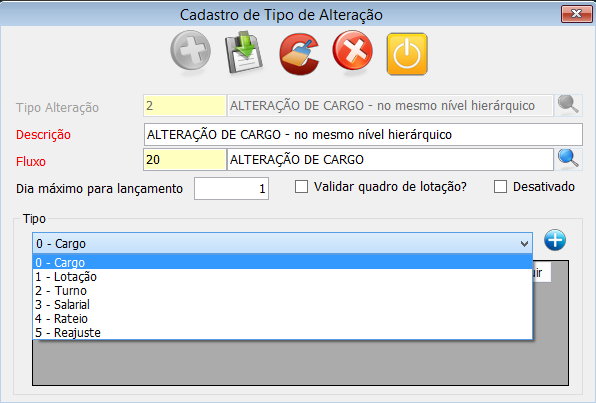 2.7 SOLICITAÇÃO DE ALTERAÇÃO 2.7.1 Cadastro de Tipo de Alteração Nesta tela é feito o cadastro de tipo de alteração, sendo ele vinculado ao fluxo de solicitação de alteração.