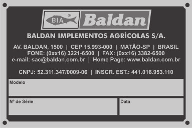 IDENTIFICAÇÃO IDENTIFICAÇÃO DO PRODUTO ( FIGURA 24 ) - Para consultar o catálogo de peças ou solicitar assistência técnica na Baldan, indique sempre o modelo (1), número de série (2) e data de