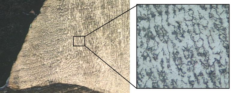 Figura 6: Microestrutura da zona fundida de um aço inoxidável soldado pelo processo GMAW com proteção Ar-O 2 com aumento de 50X e 1000X.