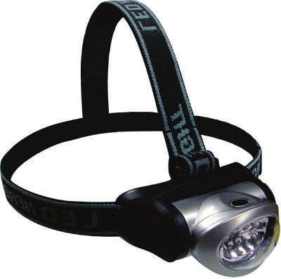 Lanterna de Cabeça 104 Lanterna de cabeça, corpo de plástico resistente, lente de policarbonato e botão de acionamento em PVC, sistema de alimentação por baterias tipo AAA, sistema com 8 LED, lente