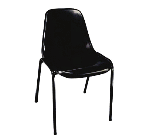 Cadeira Empilhável 15 Cadeira empilhável com assento e encosto conjugado na forma de concha, em polipropileno na cor preta, formada por duplo "U" lateral unidos por duas hastes que permitem o
