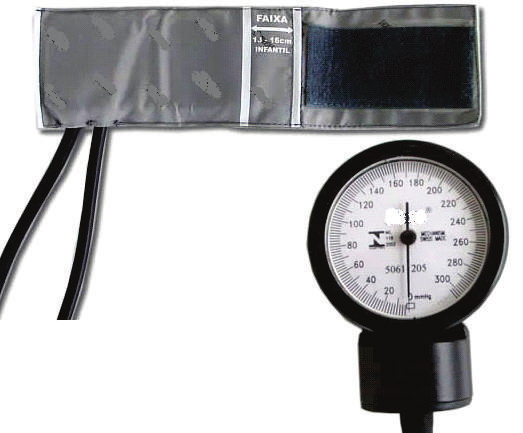 Esfigmomanômetro Pediátrico 81 Esfigmomanômetro aneróide, com escala de 0 a 300 mmhg, braçadeira de nylon com fixação por velcro para uso pediátrico,