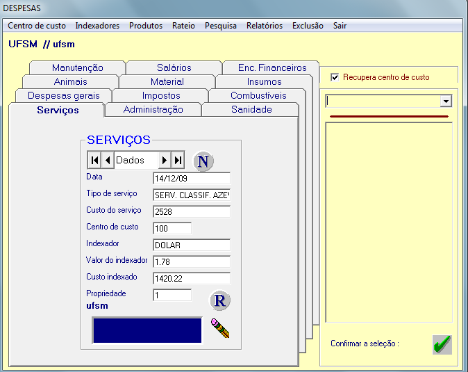 registro pressionar o botão <R>, e assim o dado será registrado na tabela correspondente do banco de dados. 6.2.1.