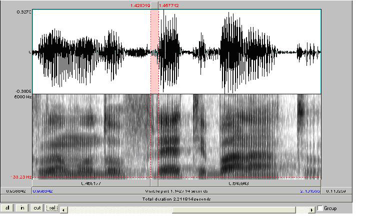 Figura 7 - No espectrograma, entre linhas verticais pontilhadas, um tap na palavra-alvo frete, produzida pelo informante D.
