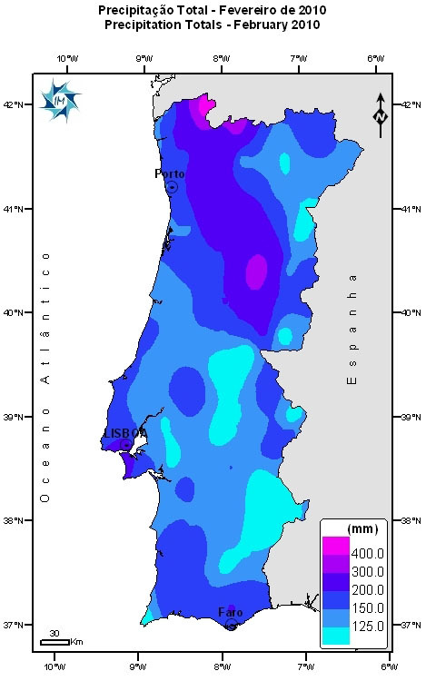 2. Precipitação Total A média regional da quantidade de precipitação em Portugal Continental foi superior ao valor médio (1971-2000) para o mês, classificando-se este mês como chuvoso a muito chuvoso