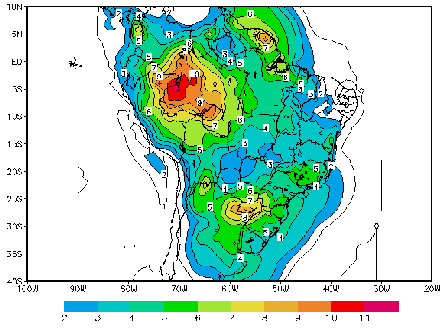 3 anticiclônica com centro sobre a Bolívia (AB), ventos subtropicais de oeste mais forte ao sul desse centro, e uma circulação ciclônica sobre o lado oeste do Oceano Atlântico Sul.