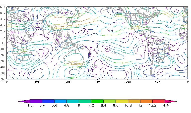 A circulação anômala em altos níveis apresenta uma configuração de trem de ondas originado a partir do Oceano Pacífico Equatorial, caracterizado por um par deanticiclones anômalos nos trópicos em