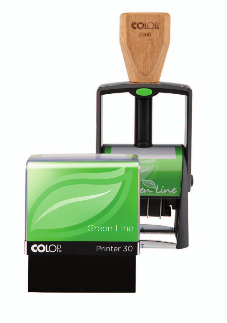 Green Stamps Nós assumimos a responsabilidade COLOP Green Line Gama de carimbos auto-tintados produzida predominantemente por materiais sustentáveis e reciclados.