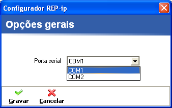 MENU CONFIGURAÇÕES Opções Tela para escolher a porta de comunicação serial. Escolha a porta serial; Clique em Gravar.