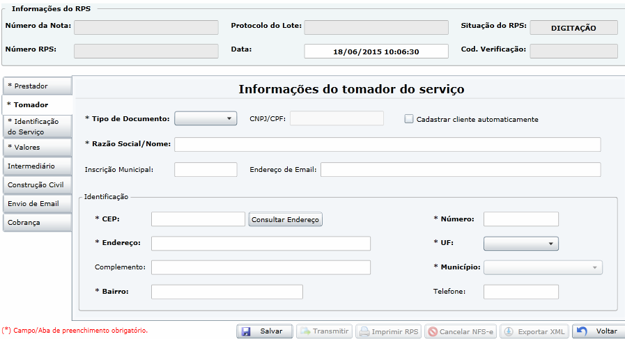 Página15 Prestador do(s) Serviço(s): Aba para identificação da empresa emissora do NFS-e. Se a empresa já possuir cadastro no sistema, como mostrado no item 4.