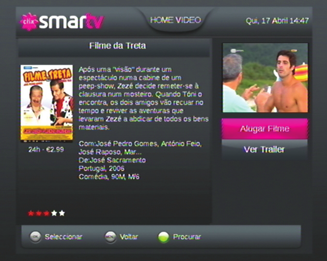 06. HOME VIDEO c) Alugar filme Quando selecciona um título, vai consultar a página de resumo do filme, onde poderá ver: Períodos de aluguer disponíveis e respectivos preços Estrelas indicativas da