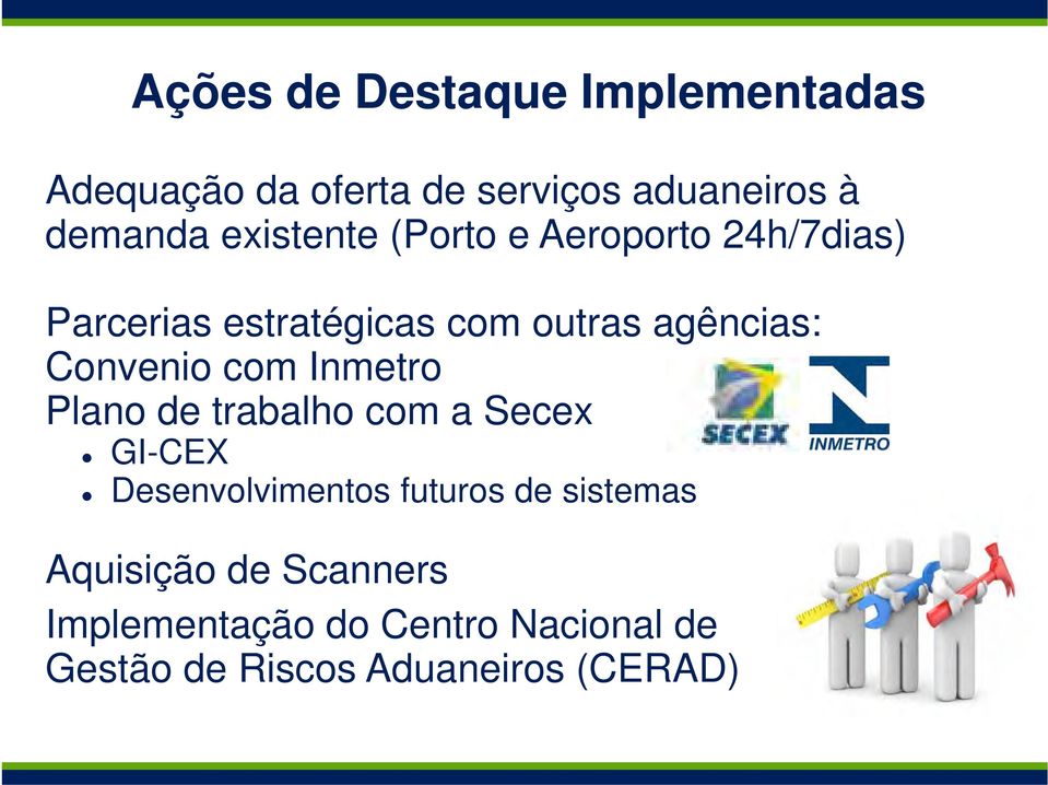 Convenio com Inmetro Plano de trabalho com a Secex GI-CEX Desenvolvimentos futuros de