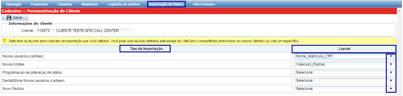 Para criar limpar as configurações clique em Novo, preencha os campos e clique em Salvar.