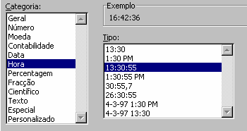 5.1.5. Formatos da Categoria - Hora Formatação da categoria Hora - Os formatos de Hora mostram números de série de data e hora como valores de hora.
