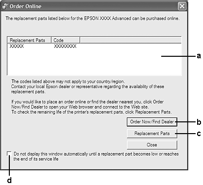 Order Online (Compra Online) a. Caixa de texto: Apresenta as peças de substituição e os códigos. b. Botão Order Now/Find Dealer (Comprar Agora/Procurar Ponto de Venda): c.