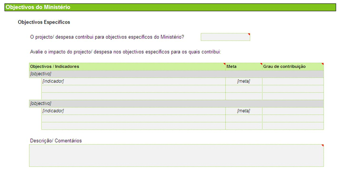 3. Alinhamento Estratégico (3/7) Recolha de informação sobre o alinhamento do projecto/ despesa com os Objectivos do Ministério Tabela para descrição dos Objectivos Específicos do Ministério e dos