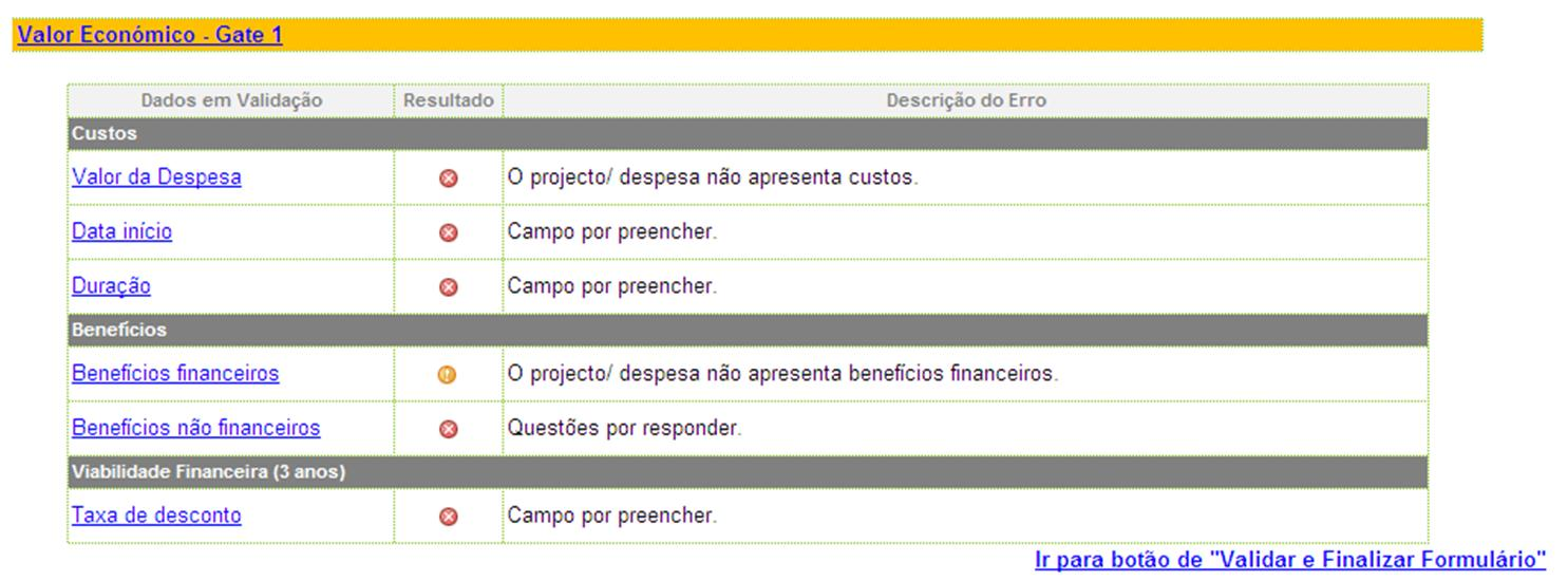 4. Valor Económico Gate 1 (2/2) Validação e submissão Botão para retornar à folha de Valor Económico Gate 1.