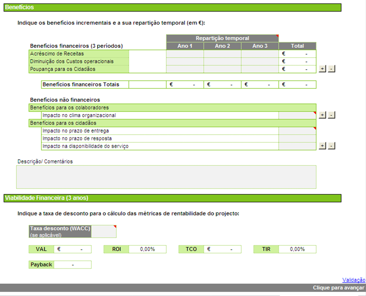 4. Valor Económico Gate 2 (2/3) Recolha de informação sobre benefícios financeiros e não financeiros (Gate 2) Campos para cálculo dos benefícios financeiros, com rúbricas detalhadas de benefícios.