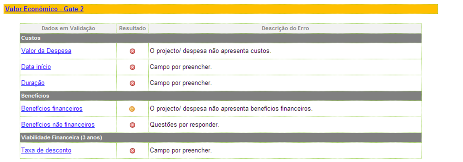 4. Valor Económico Gate 2 (3/3) Validação e continuação do preenchimento Botão para retornar à folha de Valor Económico Gate 2.