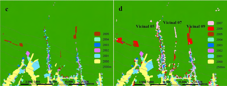 53 Esse padrão observável em imagens de satélites do desmatamento acumulado, via de regra, obedece a um padrão de contágio (Fig. 16), semelhante a ondas de difusão (Soares- Filho et al., 2003).