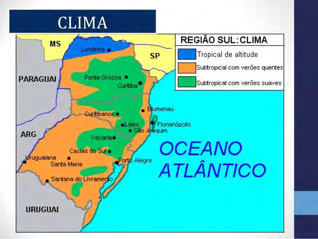 Aspectos físicos e naturais Região Sul- Clima O clima predominante da região sul é o subtropical, pois quase toda a região