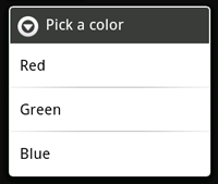 Adicionando uma lista Para criar um AlertDialog com uma lista de itens selecionáveis como o mostrado à esquerda, use o método setitems(): final CharSequence[] items = {"Red", "Green", "Blue";