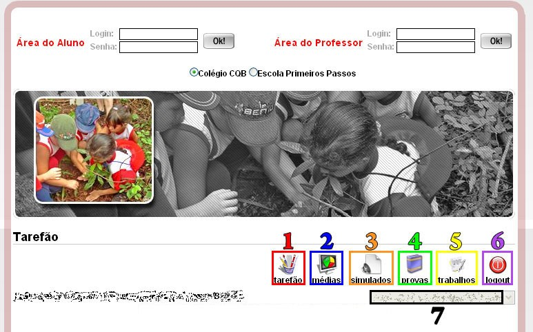 4) Define qual área do aluno será acessada, dependerá saber se o aluno pertence à Escola Primeiros Passos ou ao Colégio CQB. Selecione a opção de escola qual o aluno faz parte.