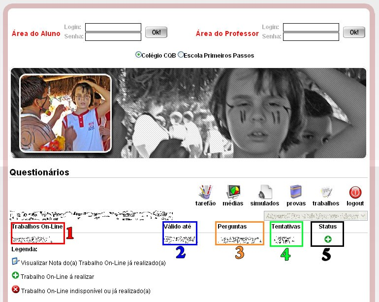 14) Provas On-Line: Exibe uma lista com o nome das provas on-line disponibilizadas ao aluno; 15) Tempo de Resposta: Mostra o tempo que o aluno tem disponível para realizar a prova; 16) Perguntas: