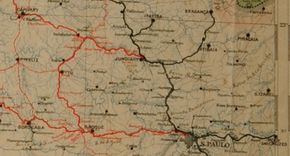 " Figura 19 Fragmento de mapa da viação férrea de São Paulo e parte de Minas Gerais. Fonte: Ferrovias Paulistas. Disponível em: http://www.arquivoestado.sp.gov.br/exposicao_ferrovias/selecaoimagens.