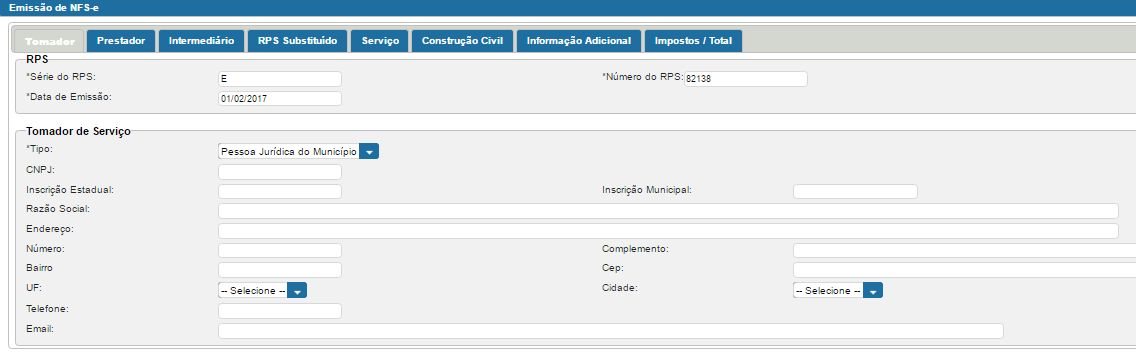 Clicar na opção : NFS-e > EMITIR NFS-e Preencher os campos obrigatórios : Na aba TOMADOR No campo RPS preencher : Série do RPS: Informar a série do RPS. Número do RPS: Informar o número do RPS.