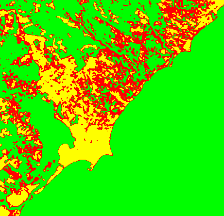 a) b) T s <23,6 C 23,6 C<T s <26,7 C 26,7 C<T s <29 C T s >29 C Figura 2a e b: Imagem da temperatura da superfície para o dia 11 de junho de 1990 (a) e 21 de setembro de 1998 (b) respectivamente.