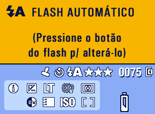 Introdução Tela do flash/status Pressione o botão do flash/status. Os ícones do status atual da câmera são exibidos na parte inferior da tela do flash.