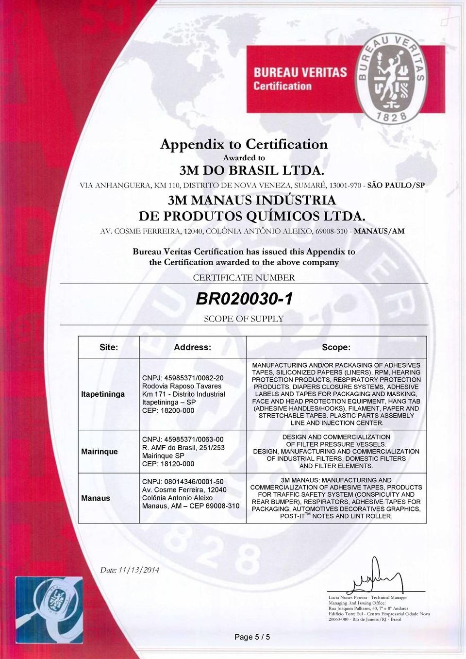 Cosme Ferreira, 12040 Colônia Antonio Aleixo Manaus, AM CEP 69008-310 MANUFACTURING AND/OR PACKAGING OF ADHESIVES TAPES, SILICONIZED PAPERS (LINERS), RPM, HEARING PROTECTION PRODUCTS, RESPIRATORY