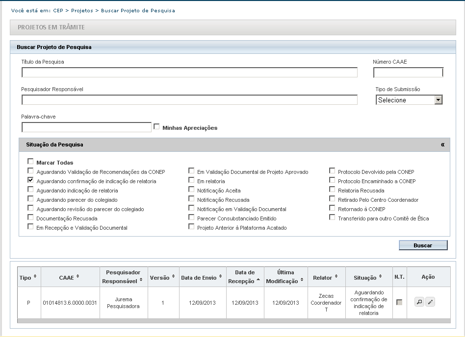 8. O próximo passo é Validar a Indicação de Relatoria. ATENÇÃO! Operação habilitada somente para o Coordenador do Comitê de Ética.