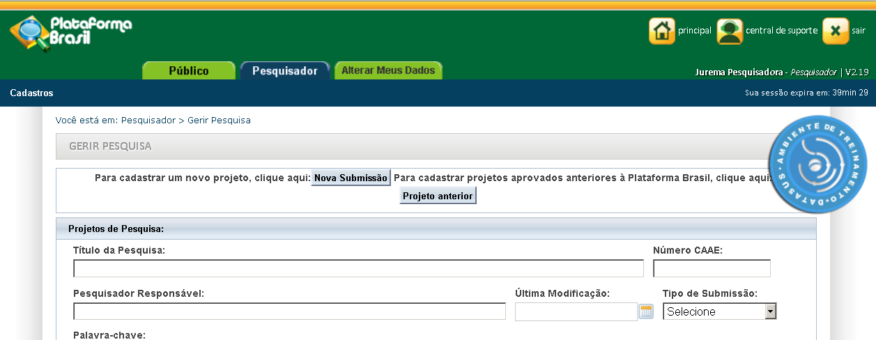 Nome do usuário ativo na sessão. Ir para a tela principal. Acessar a Central de Suporte.