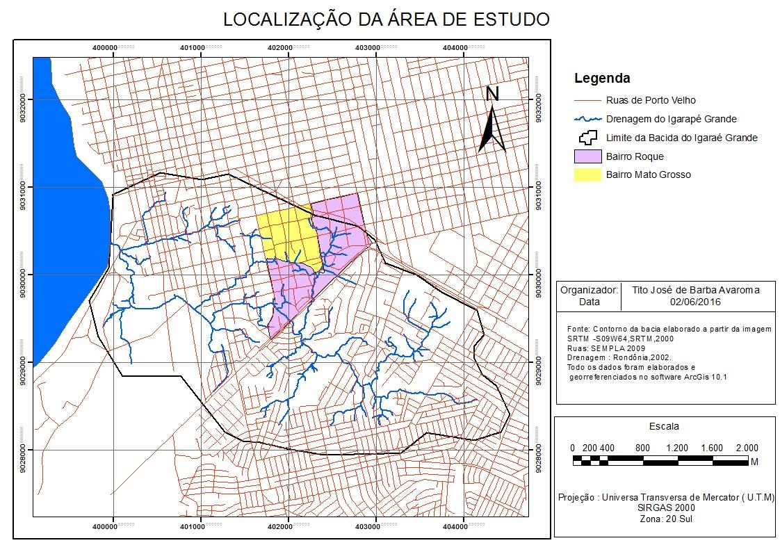 2 A bacia do Igarapé Grande é um afluente do rio Madeira e situa-se na área urbana do município de Porto Velho, integrando os bairros Cohab, Nova Floresta, Floresta, Roque, Tucumanzal Mato Grosso,