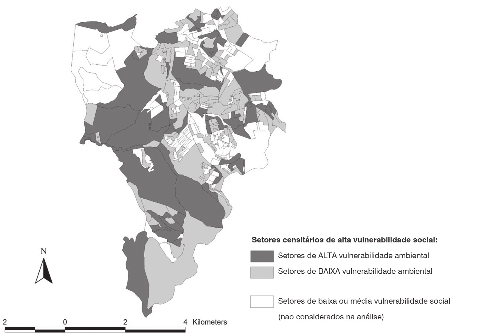 MAPA 3 Classificação dos setores censitários de alta vulnerabilidade social em dois grupos de vulnerabilidade ambiental Distrito de Cidade Tiradentes e entorno 2000 Fonte: IBGE.