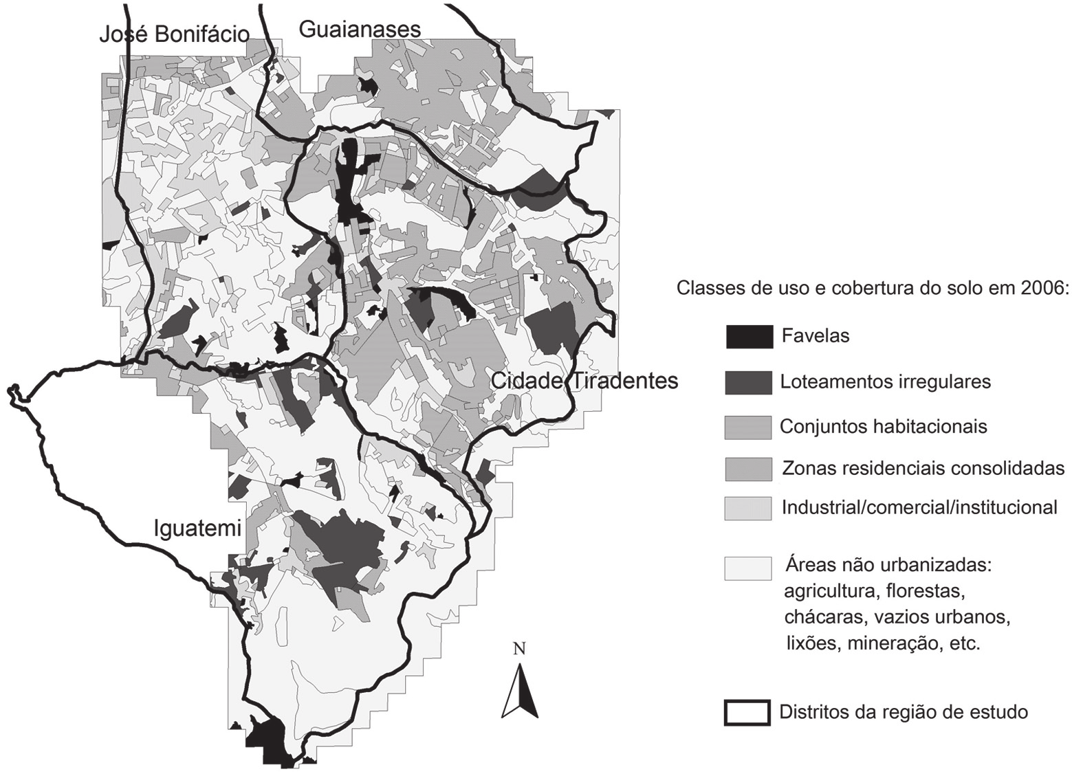 MAPA 2 Classes de uso e cobertura do solo a partir da classificação de imagem de satélite IKONOS Distrito de Cidade Tiradentes e entorno 2006 Fonte: Imagem de satélite IKONOS da região de Cidade