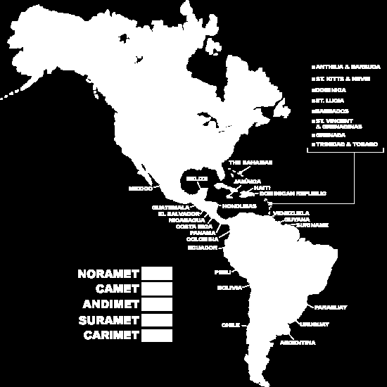 O SIM está organizado em 5 sub-regiões: Norte (Noramet), Caribe (Carimet), América Central (Camet), Região Andina (Andimet), e Sul