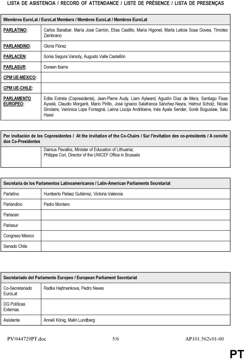 CPM UE-CHILE: PARLAMENTO EUROPEO: Edite Estrela (Copresidenta), Jean-Pierre Audy, Liam Aylward, Agustín Díaz de Mera, Santiago Fisas Ayxelà, Claudio Morganti, Mario Pirillo, José Ignacio Salafranca